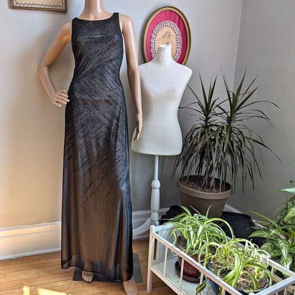 Vintage 90s LA Glo Prom Gown Black Glitter Semi Sheer Whimsygoth Dress Size M - Picture 9 of 15